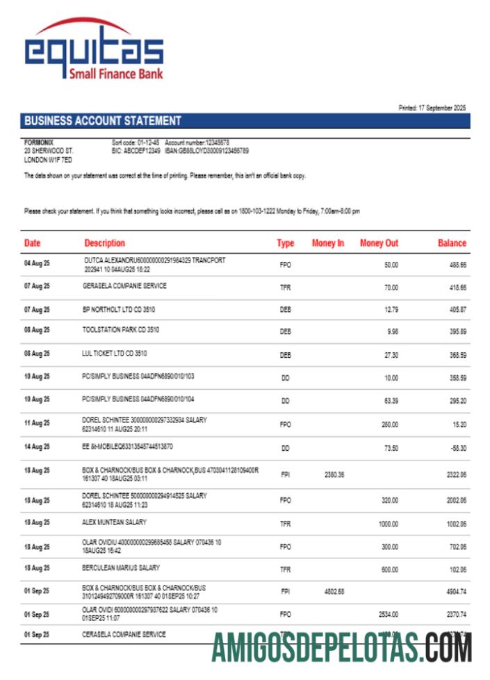 Extrato de conta empresarial Equaitas em formato Word e PDF amostra